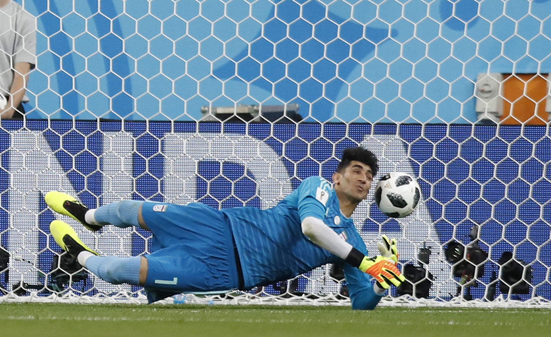 Iran goalie makes save